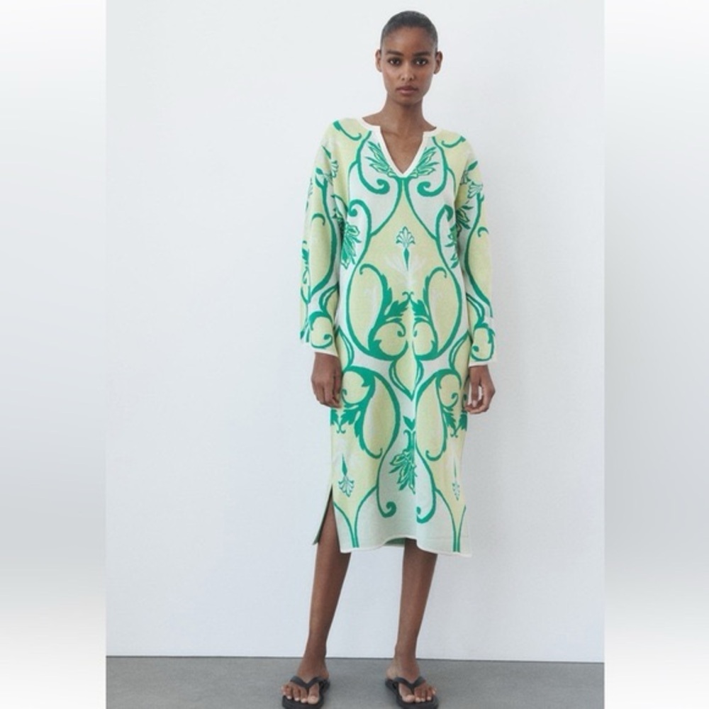 Jacquard Knit Boho Floral Hippie Tunic Dress Oversized Green TikTok Kaftan L-XL